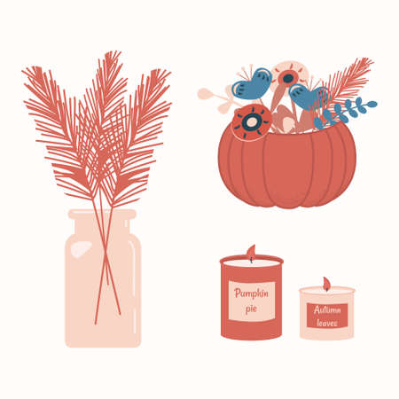 Warm and cozy. Illustration with cute things and objects for home interior. Vase with pampas grass, pumpkin with flowers and aroma candle. Autumn mood, comfortable lifestyle vector flat illustration.のイラスト素材