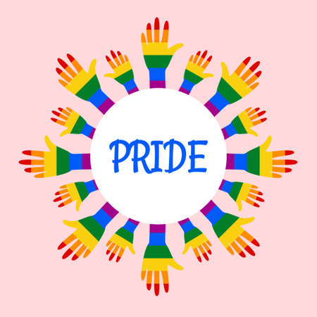 Banner for pride month. Hand in lgbtr rainbow flag colors, helping hands. Poster for support equality and homosexuality, human rights violation. Vector flat illustration, isolated on a pinkのイラスト素材