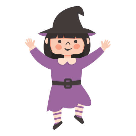 Halloween Kids Costume Party. Cute little girl in halloween witch costume. Cartoon vector Character for party, invitations, web. Smiling jumping child. Isolated on a white backgroundのイラスト素材