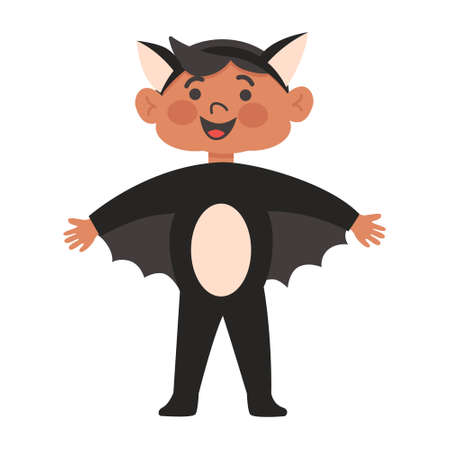 Halloween Kids Costume Party. Cute latino american, hispanik boy with dark skin in halloween bat costume. Cartoon vector Character for party, invitations, web. Smiling jump child. Isolated on a whiteのイラスト素材