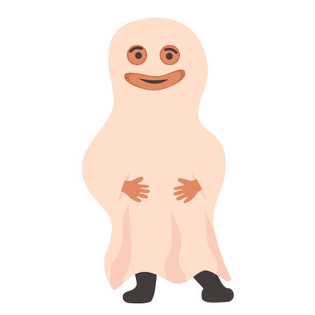 Halloween Kids Costume Party. Cute boy in halloween ghost costume. Cartoon vector Character for party, invitations, web. Smiling jump child. Isolated on white backgroundのイラスト素材
