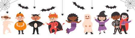 Set of Halloween Kids Costume Party. Cute different nationalites girls and boys in vampire, bat, devil,ghost, mermaid, mummy, pumpkin witch, skeleton costume. Vector characters for party, invitationsのイラスト素材