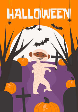 Halloween poster, greeting or post card, banner, background. Dark forest, cemetery, dry trees, buts, big moon, spider, pumpkin and boy in mummy coustume. Vector flat illustration.のイラスト素材