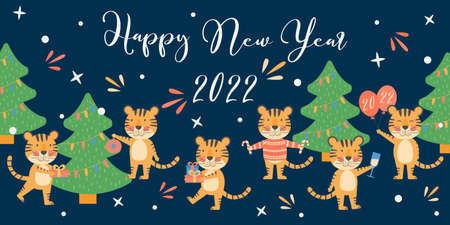 Merry Christmas and Happy New Year banner. Greating card or poster with cute tigers, symbol 2022, year mascot. Holiday winter concept with vector characterのイラスト素材
