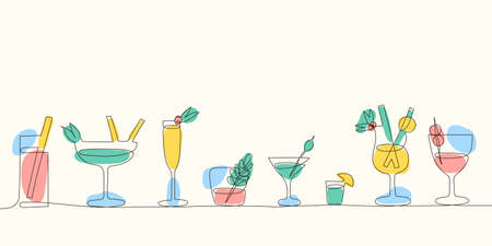 Cocktails set in trendy one continuous line style. Party, pub, restoraunt or club element. fresh and cold alcohol coctail. Vector linear abstract illustration.のイラスト素材