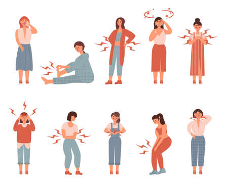 Set of unhappy womens. suffering pain or ache in different body parts - chest, neck, leg, back, stomack. Vector illustration in flat style. Healthcare, sickness, disease concept, isolated on a white.のイラスト素材
