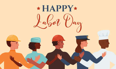 Happy Labor Day vector flat banner. Illustration with people group of different occupation. Firefighter, builder, doctor, policeman and cook chef professionsのイラスト素材