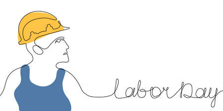 Happy Labor Day banner with builder in trendy one continuous line art style. Vector linear abstract illustrationのイラスト素材
