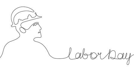 Happy Labor Day banner with builder in trendy one continuous line art style. Vector linear abstract illustrationのイラスト素材