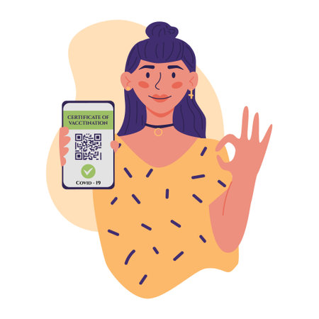 Certificate of vaccination vector flat cartoon illustration. Young women showing smartphone with vaccine QR code in mobile app or screen. Covid-19 coronavirus vaccine certificate.のイラスト素材