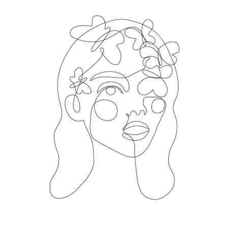Woman face with butterfly abstract one continuous line portrait. Modern minimalist style illustration for posters, t-shirts prints, avatars, postcard and brochure. Single line draw graphic design.のイラスト素材