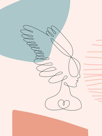 Woman face with wings abstract one continuous line portrait. Modern minimalist style illustration for posters, t-shirts prints, avatars, postcard and brochure. Single line draw graphic designのイラスト素材