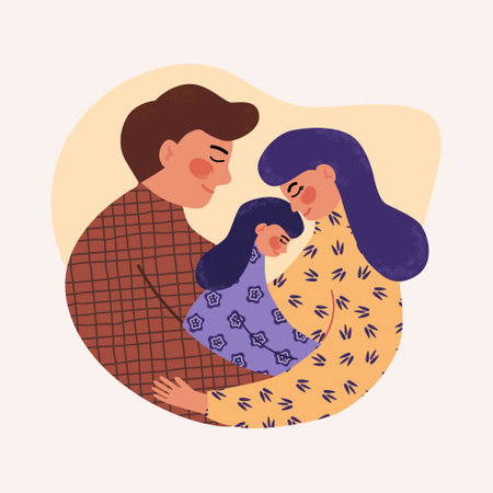 Happy smiling young family flat vector illustration in trendy colors. Mother, father and daughter hugging and feel happy. Stable family, parents and girl embracing together. Cute charactersのイラスト素材