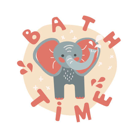 Vector illustration of baby elephant with lettering, isolated on white background. Cute funny african animal for children, can used like a sticker, t-shirt print, posterのイラスト素材