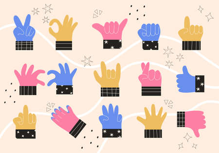 Set of colorful abstract hands in different gestures emotions and signs. Modern isolated vector illustration in trendy colors. Interactive communication, forefinger sign. Open arm, ok, victory emojisのイラスト素材
