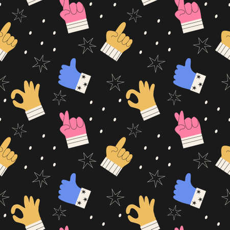 Seamless pattern of colorful abstract hands in different gestures emotions and signs. Modern vector illustration in trendy colors. Interactive communication, forefinger sign.のイラスト素材