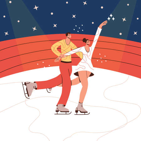 Couple figure skater isolated cartoon flat vector illustration in trendy colors. Pair figure skating. Winter sport, ice dancer, gymnast woman, championship, competition activity modern design elementのイラスト素材