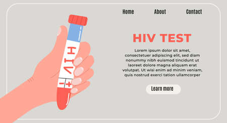Horizontal modern banner for World AIDS Day. Hand hold HIV blood test. Flat vector isolated illustration in trendy colorsのイラスト素材