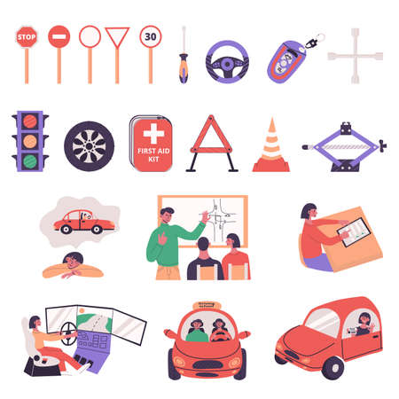 Driving school set concepts with people, different elements. Stages education, learning at lesson, online test, simulation and instructor driving, receiving driver's license. Flat vector illustration.のイラスト素材