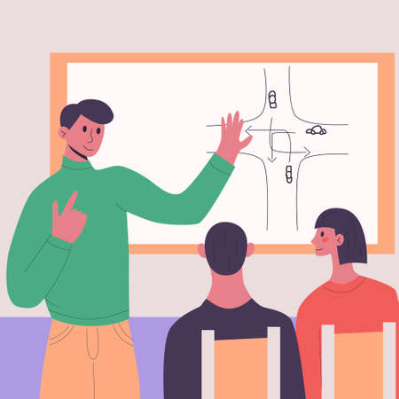 Lesson in the driving school. Young male instructor explains traffic rules to students. Flat vector isolated modern illustration in trendy colors.のイラスト素材