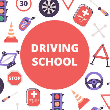 Driving school banner or poster with diiferent elements. Traffic signs, light, steering and car wheel, first aid kit, warning triangle, car jack, wheel wrench, cone, key. Flat vector illustration.のイラスト素材
