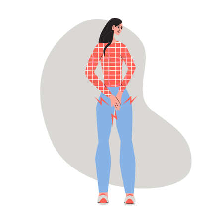 Young woman in blue jeans and a red sweater in a cage suffering from hemorrhoids. Flat vector illustration. Healthcare, pain, sickness, disease concept, isolated on a white background.のイラスト素材