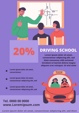 Driving school flyer concept. Young woman drive little red car with instructor. Young male instructor explains traffic rules to students. Flat vector modern isolated illustration in trendy colors.のイラスト素材