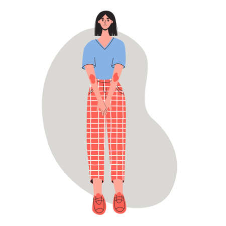 Woman showing arms, she suffering from eczema and feelling pain. Flat vector illustration. Healthcare, pain, sickness, disease concept.のイラスト素材