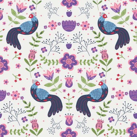 Vector seamless pattern with various birds, flowers and leaves with different folk ornaments....