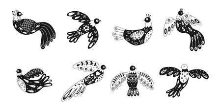 Vector collection of various birds with different folk ornaments. Set in scandinavan style. Ethnic flat illustration with nordic detailed in black and white colorsのイラスト素材