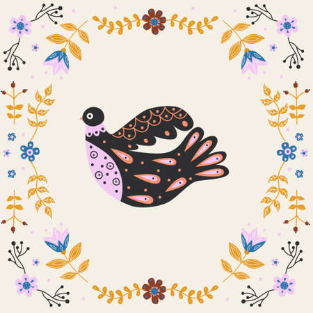 Vector frame with bird, flowers and leaves with different folk compositions. Motif in scandinavan style. Ethnic flat illustration with nordic detailed in trendy colorsのイラスト素材