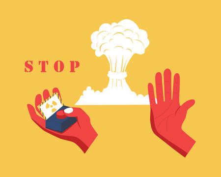 Stop nuclear weapons banner. Atomic bomb explosion, hand on a nuclear button, stop sign. No war flat vector illustrationのイラスト素材