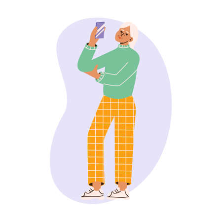 Senior woman filming something on the phone. Elderly flat vector illustration.