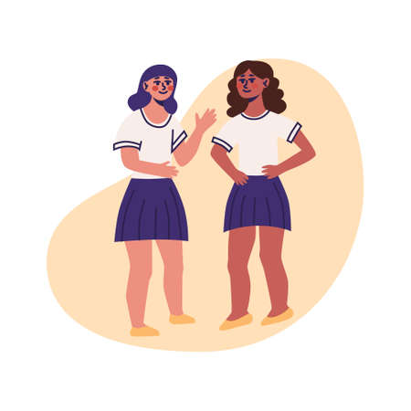 Two schoolgirl are discussing something among themselves. Flat vector illustration, isolated on a white backgroundのイラスト素材