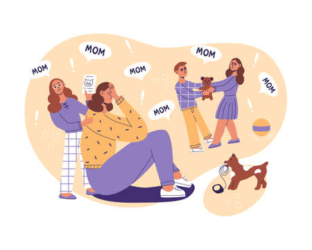 frustrated, depressed mom, problems of motherhood. Naghty children do not give rest for a minute. Exhausted women tired of noisy active playful kids.Hard paenting with many children flat illustrationのイラスト素材