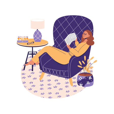 Young woman at home sitting on classic armchair and reading book. Self care, resting, relax, time for yourself concept. Girl laying on the sofa. Flat vector illustration in trendy colorsのイラスト素材