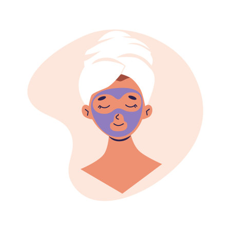 Young woman wrap towel on head and make beauty cosmetic mask. Self care, spa procedures for face skin. Flat vector illustration, isolated on a white backgroundのイラスト素材