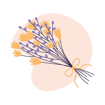 Lovely wild flowers bouquet tied with a ribbon. Garden blooming. Flat cartoon vector illustration, isolated on a white backgroundのイラスト素材