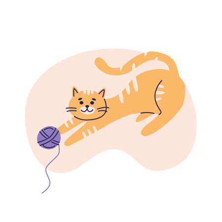 Red cat plays with a ball of yarn. Flat vector illustration in trendy colors, isolated on a white background.のイラスト素材