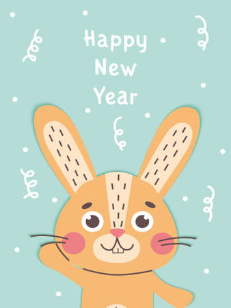 Merry Christmas and Happy New Year card with cute rabbits Hare symbol of 2023 year. New year mascot. Cute vetor flat animal characterのイラスト素材