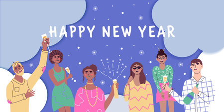 Happy New Year banner. People celebrating winter season holidays. Group of joyful, happy young men and woman. enjoying at party. Flat vector illustrationのイラスト素材