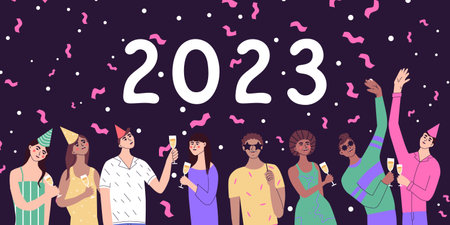 Happy New Year banner. People celebrating winter season holidays. Group of joyful, happy young men and woman. enjoying at party. Flat vector illustrationのイラスト素材