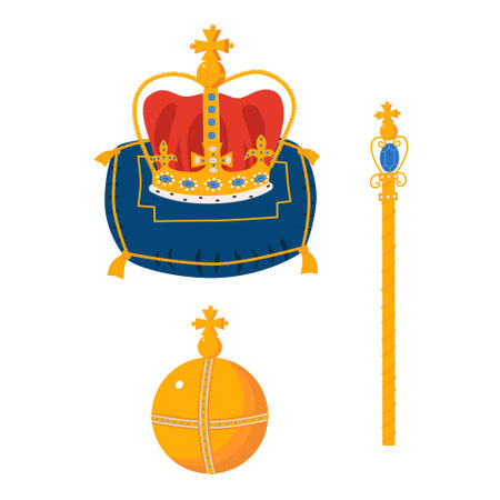 Crown on the ceremonial pillow, globus cruciger, scepter cartoon vector illustration. Royal gold jewelry. King, queen monarchy imperial symbol. isolated on a white background.のイラスト素材