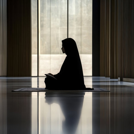 This image captures the holy ritual of Namaz in an enclosed space, with the figure of a Muslim in prayer. The comfort and coziness of home highlight the spiritual connection to Allah during Ramadan.の素材