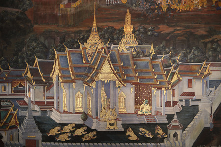 The Ramakian (Ramayana) mural paintings along the galleries of the Temple of the Emerald Buddha, grand palace or wat phra kaew Bangkok Thailandのeditorial素材