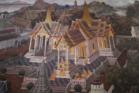 The Ramakian (Ramayana) mural paintings along the galleries of the Temple of the Emerald Buddha, grand palace or wat phra kaew Bangkok Thailandのeditorial素材