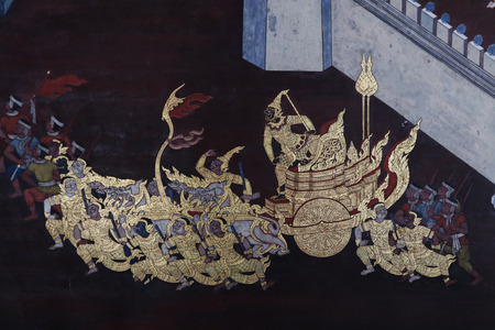 The Ramakian (Ramayana) mural paintings along the galleries of the Temple of the Emerald Buddha, grand palace or wat phra kaew Bangkok Thailandのeditorial素材