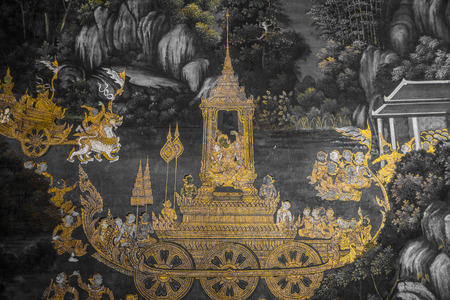 The Ramakian (Ramayana) mural paintings along the galleries of the Temple of the Emerald Buddha,...
