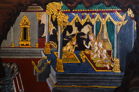 Bangkok, Thailand - May 12, 2019: The Ramakian (Ramayana) mural paintings along the galleries of the Temple of the Emerald Buddha, grand palace or wat phra kaew Bangkok Thailandのeditorial素材
