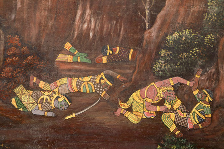 Bangkok, Thailand - May 18, 2019: The Ramakian (Ramayana) mural paintings along the galleries of the Temple of the Emerald Buddha, grand palace or wat phra kaew Bangkok Thailandのeditorial素材